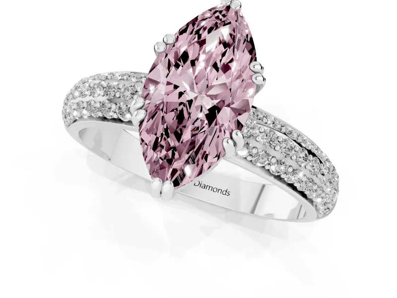 Fancy Pink Marquise Cut Diamond Solitaire Ring Set in Silver with Multi-Row Round Pavé Band and Prong Setting