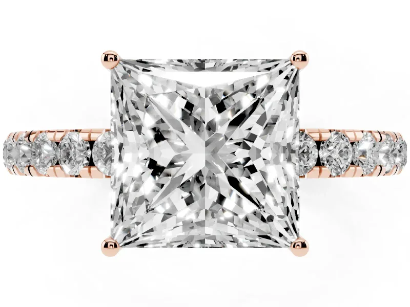 Princess Cut Pave Engagement Ring Setting | Shared Prong Band | Rose Gold