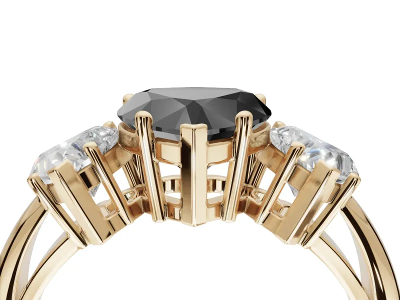 Heart-Shaped 3 Stone Engagement Ring Setting for a Black Center | Yellow Gold