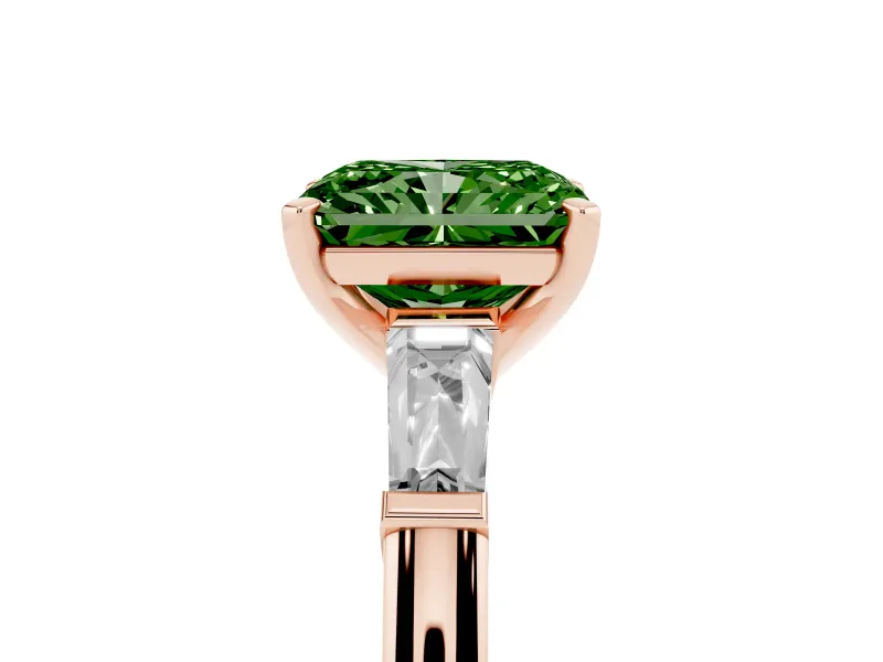 Fancy Green Radiant Cut Diamond Solitaire Ring Set in Rose gold with Tapered Baguette Side Stones and Prong Setting