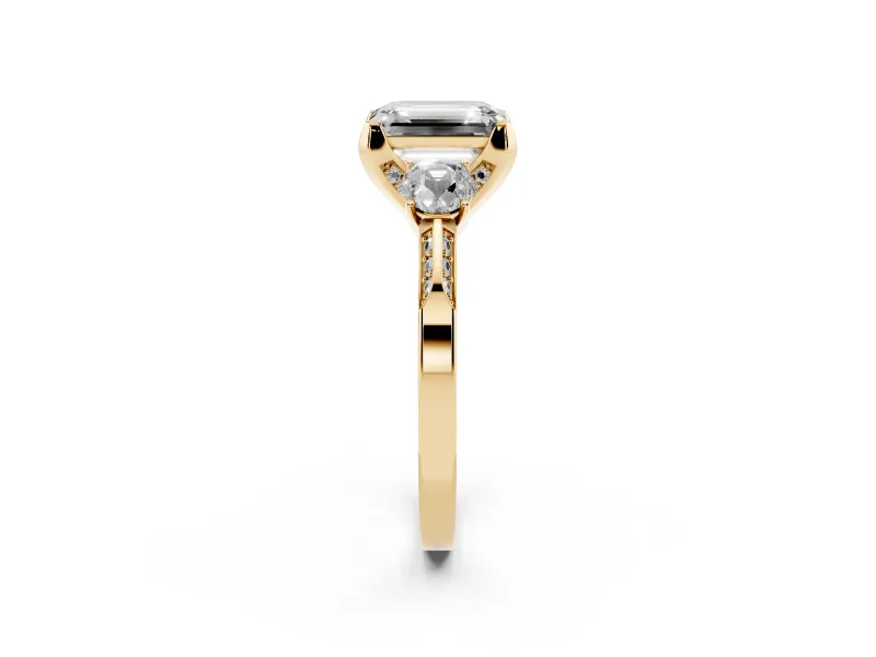 Emerald Cut Hidden Halo Three Stone Engagement Ring Setting | Pave Gallery | Yellow Gold