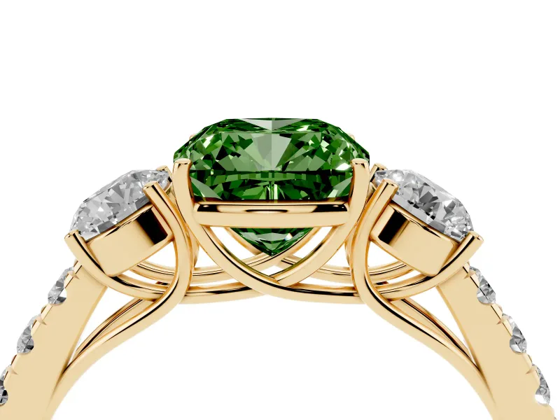Fancy Green Cushion Cut Diamond Three-Stone Ring Set in Yellow gold with Round Side Stones and Delicate Pavé Band