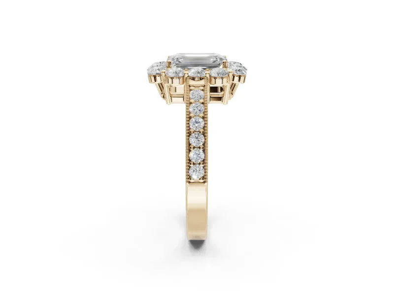 Emerald Cut Vintage Halo Engagement Ring Setting | Milgrain Channel Band | Yellow Gold