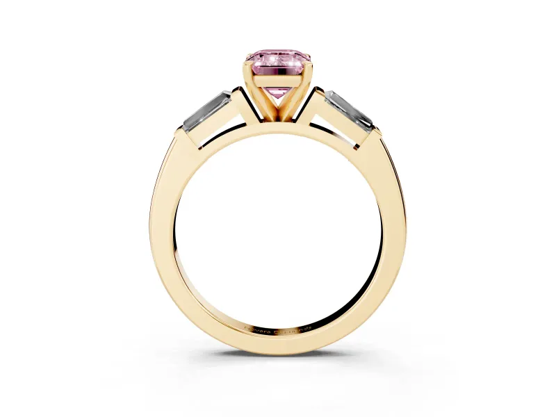Fancy Pink Emerald Cut Diamond Solitaire Ring Set in Yellow gold with Tapered Baguette Side Stones and Prong Setting