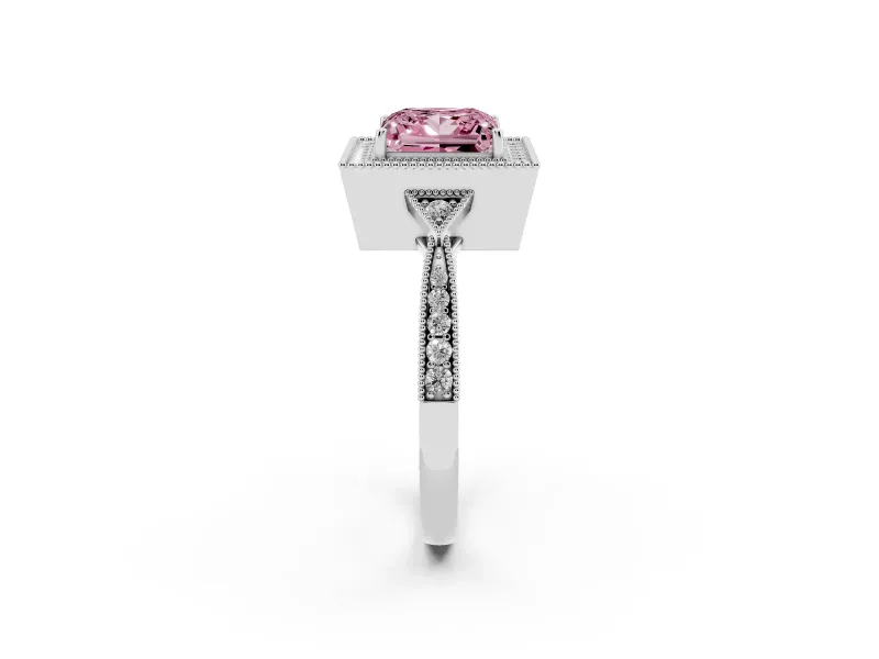 Fancy Pink Princess Cut Diamond Halo Engagement Ring Set in White gold with Milgrain Pavé Band