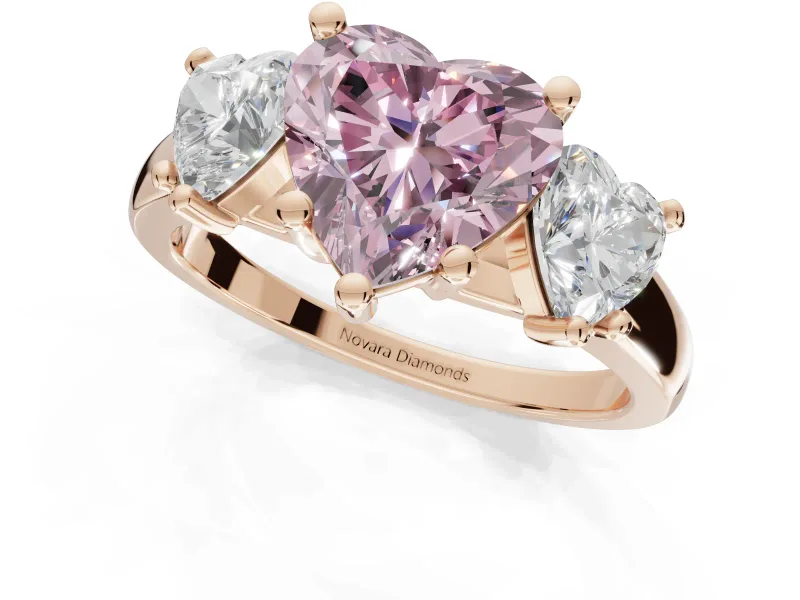 Heart-Shaped Three Stone Engagement Ring Setting for a Fancy Pink Lab-Grown Diamond | Wide Tapered Shoulders | Rose Gold