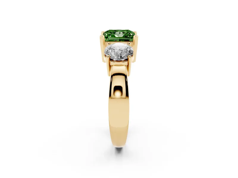 Princess Cut Three Stone Engagement Ring Setting for a Fancy Green Lab-Grown Diamond | Wide Plain Band | Yellow Gold