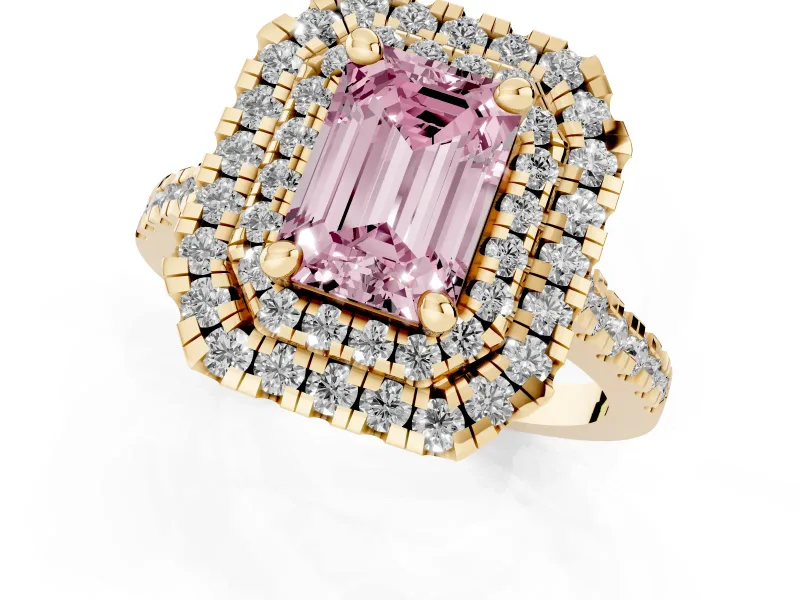 Fancy Pink Emerald Cut Diamond Double Halo Statement Ring Set in Yellow gold with Pavé Band