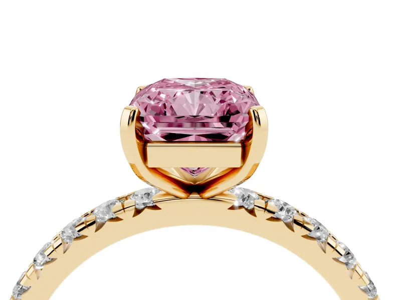 Fancy Pink Radiant Cut Diamond Pavé Solitaire Ring Set in Yellow gold with Round Band and Prong Setting