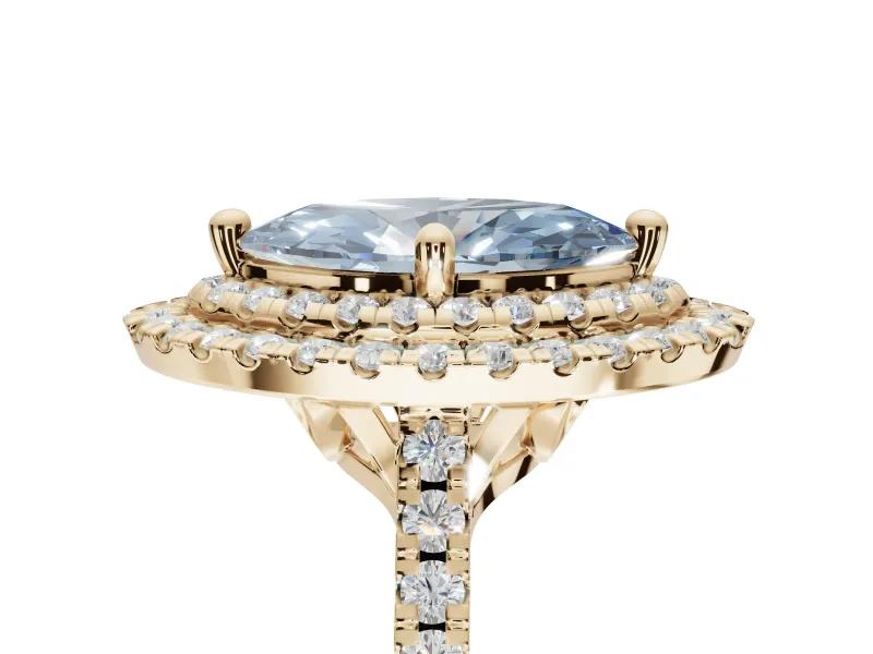 Marquise Double Halo Engagement Ring Setting for a Fancy Blue Lab-Grown Diamond | Pave Shoulders | Yellow Gold