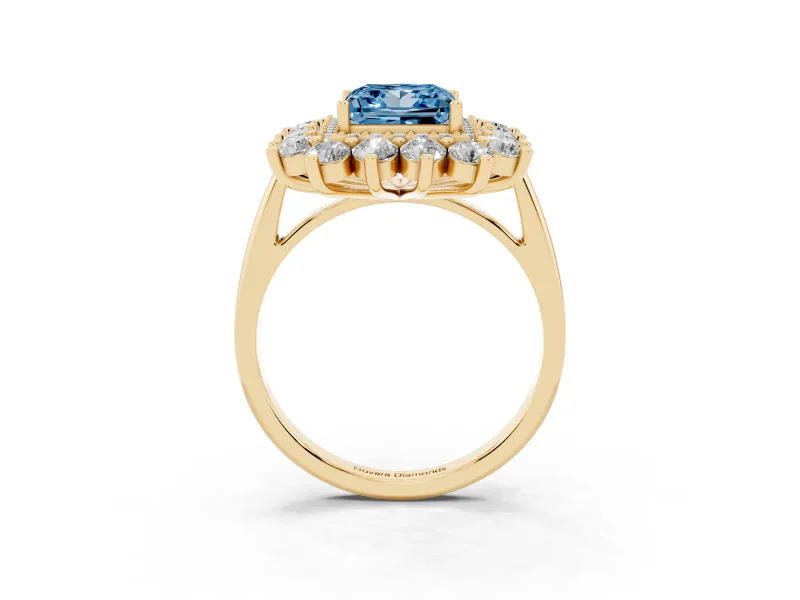 Princess Cut Floral Double Halo Engagement Ring Setting for a Fancy Blue Lab-Grown Diamond | Plain Band | Yellow Gold