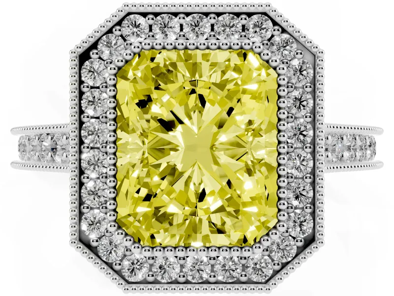 Radiant Cut Vintage Milgrain Halo Engagement Ring Setting for a Fancy Yellow Lab-Grown Diamond | Bezel Head | Platinum
