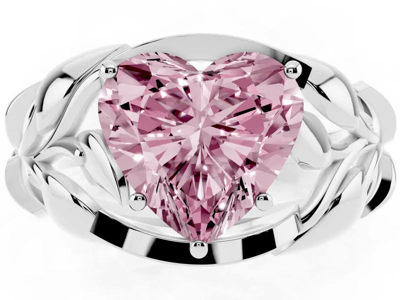 Fancy Pink Heart Cut Diamond Leaf-Inspired Engagement Ring Set in Platinum with Round Accents