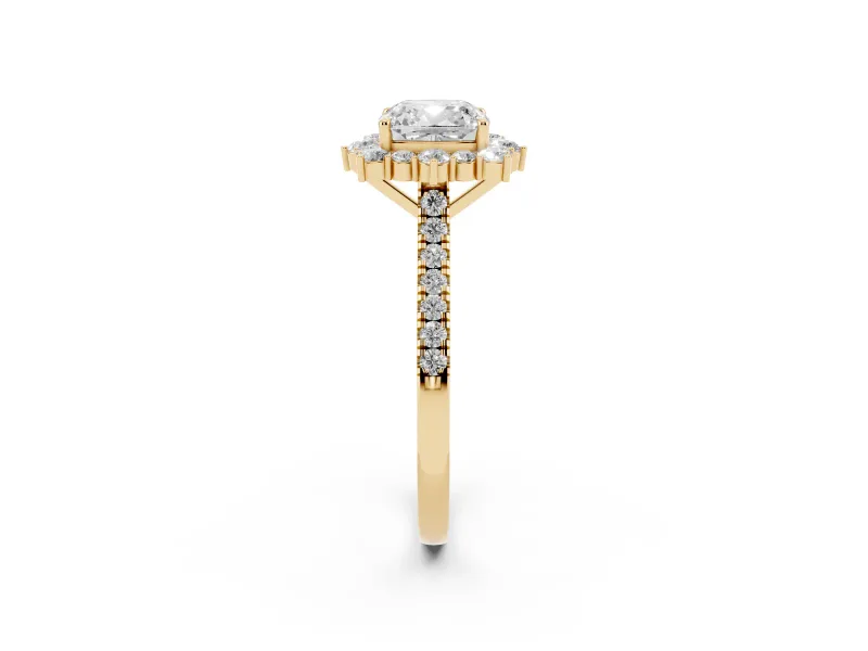 Cushion Cut Scalloped Halo Engagement Ring Setting | Single Row Pave | Yellow Gold