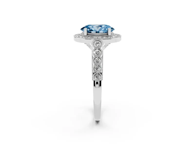 Fancy Blue Oval Cut Diamond Milgrain Halo Solitaire Ring Set in Silver with Bezel Set Side Stones and Pavé Band