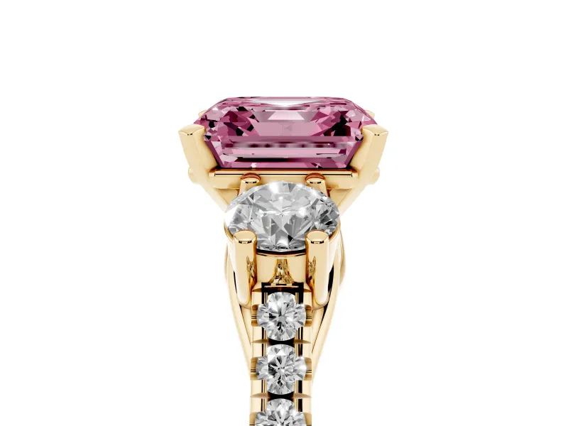 Fancy Pink Three-Stone Asscher Cut Diamond Pavé Band Ring Set in Yellow gold with Prong-Set Trio