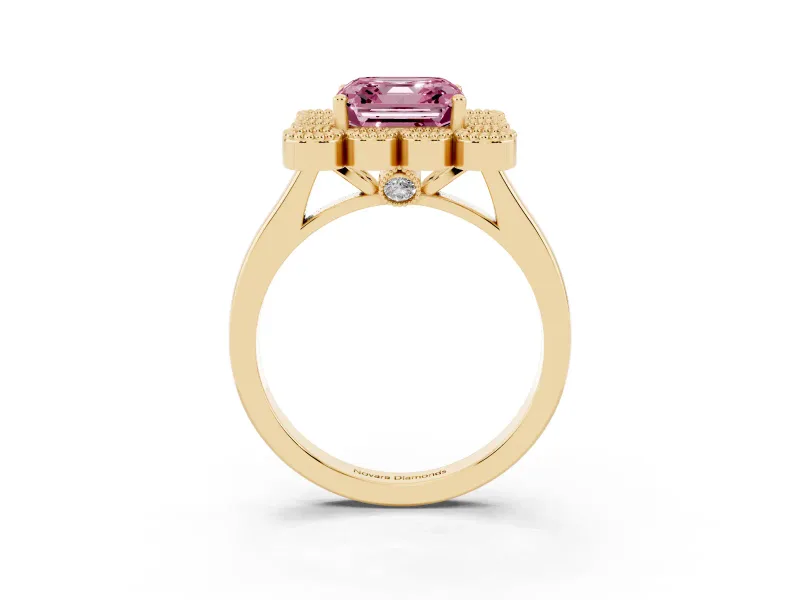 Asscher Cut Milgrain Cluster Halo Engagement Ring Setting for a Fancy Pink Lab-Grown Diamond | Plain Band | Yellow Gold