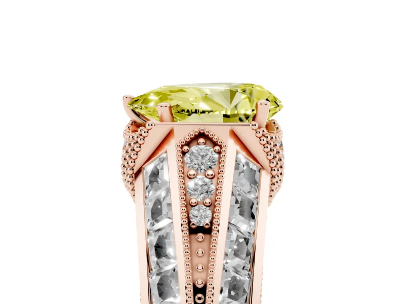 Fancy Yellow Pear Cut Diamond Vintage-Inspired Milgrain Ring Set in Rose gold with Accent Split Shank