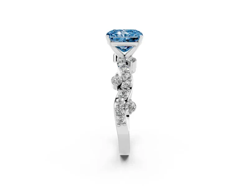 Fancy Blue Radiant Cut Diamond Solitaire Twisted Band Set in White gold with Pavé Setting