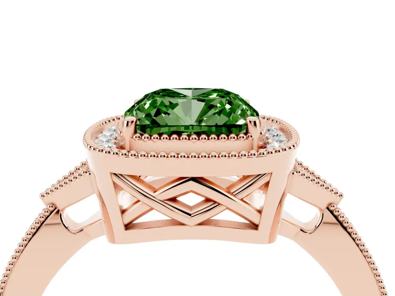 Cushion Cut Milgrain Halo Engagement Ring Setting for a Fancy Green Lab-Grown Diamond | Graduated Pavé | Rose Gold