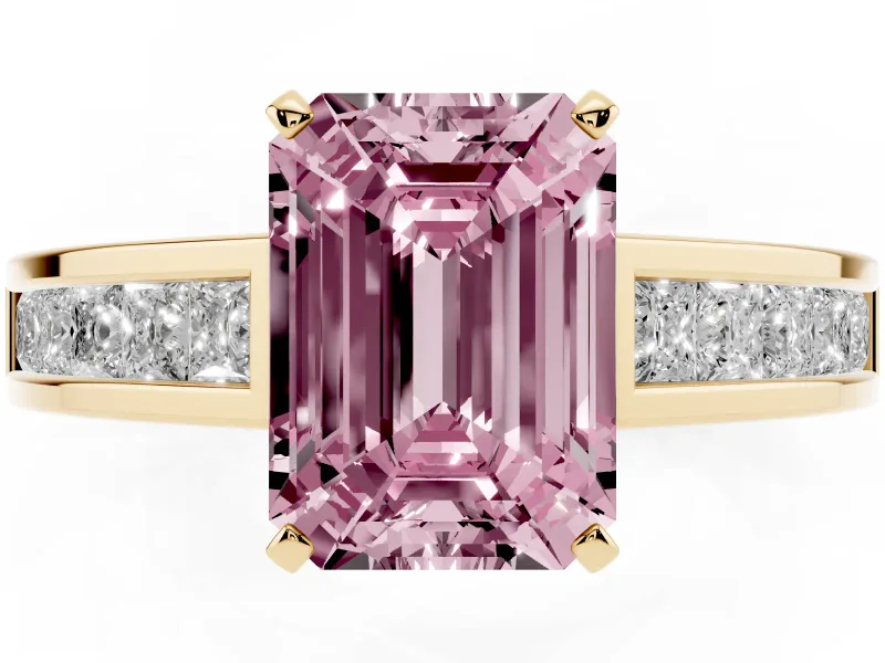 Fancy Pink Emerald Cut Diamond Solitaire Ring Set in Yellow gold with Channel-Set Band and Prong Setting
