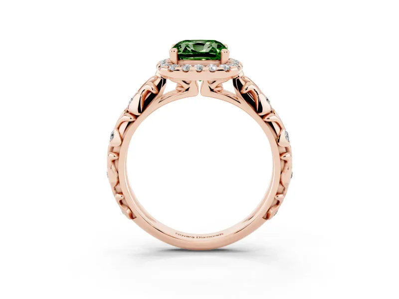 Cushion Cut Leaf Halo Engagement Ring Setting for a Fancy Green Lab-Grown Diamond | Bezel Accents | Rose Gold