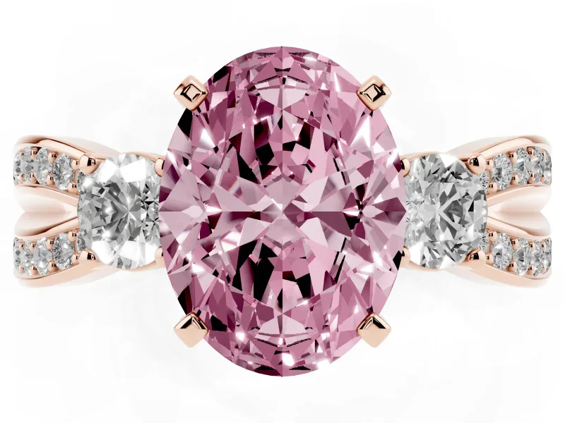 Fancy Pink Three-Stone Oval Cut Diamond Twist Band Ring Set in Rose gold with Pavé Accents and Prong Setting