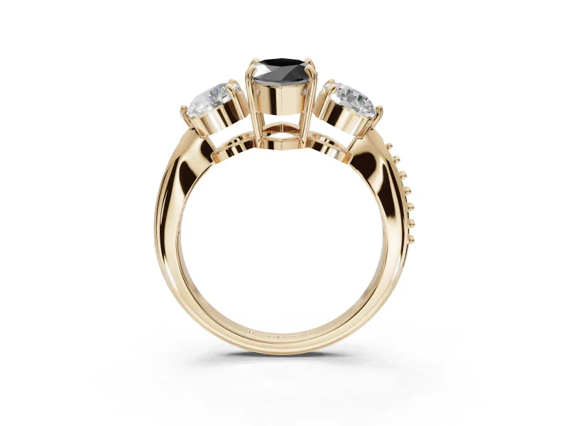Fancy Black Marquise Lab-Grown Diamond Three-Stone Ring Set in Yellow Gold with Channel-Set Band and Prong Setting