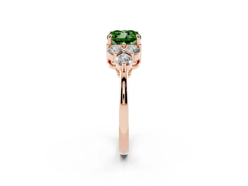 Fancy Green Cushion Cut Diamond Solitaire Ring Set in Rose gold with Cluster Accents on Each Side