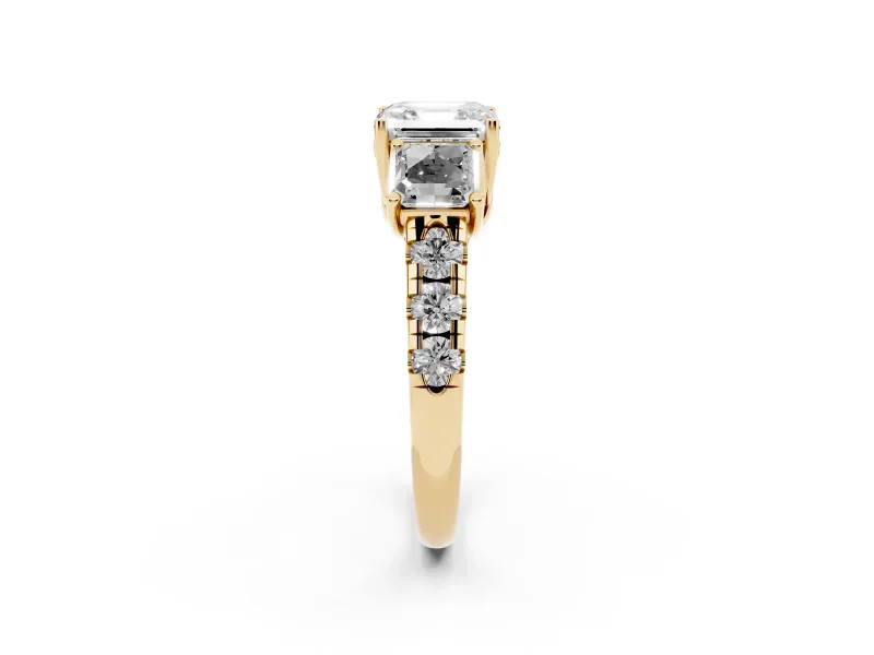 Asscher Cut Three Stone Engagement Ring Setting | Accented Shoulders | Yellow Gold