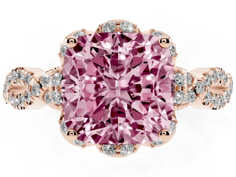 Cushion Cut Milgrain Halo Engagement Ring Setting for a Fancy Pink Lab-Grown Diamond | Graduated Shoulders | Rose Gold