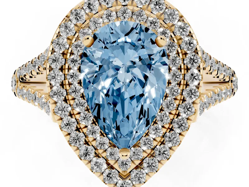 Fancy Blue Pear Cut Diamond Double Halo Ring Set in Yellow gold with Pavé Band