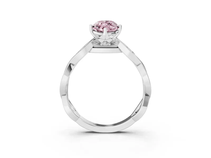 Fancy Pink Marquise Cut Diamond Twist Band Solitaire Ring Set in Platinum with Leaf Prong Setting and Accent Stones
