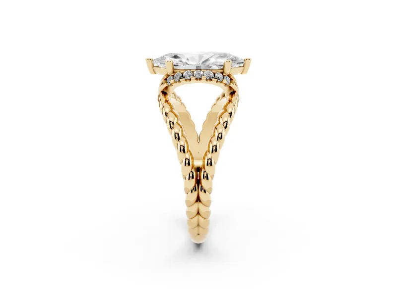 Marquise Cut Diamond Halo Ring Set in Yellow gold with Twisted Band and Prong Setting