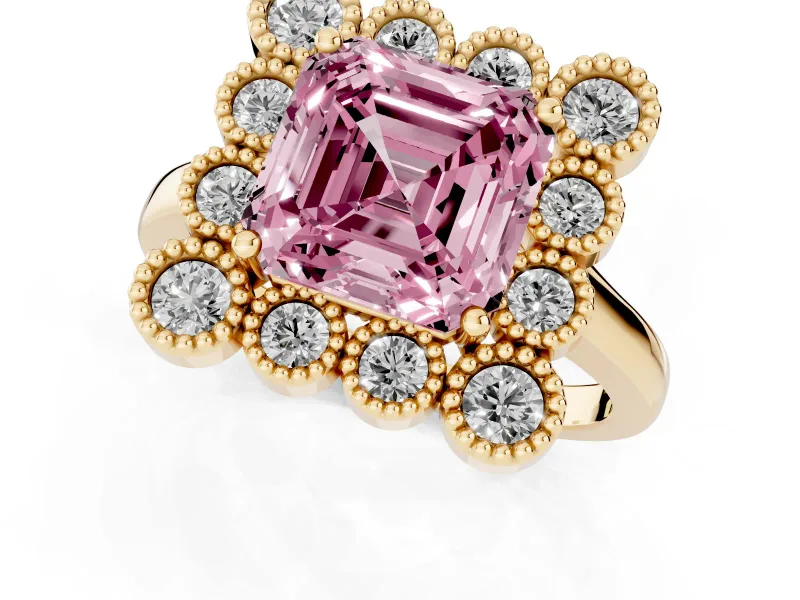 Asscher Cut Milgrain Cluster Halo Engagement Ring Setting for a Fancy Pink Lab-Grown Diamond | Plain Band | Yellow Gold