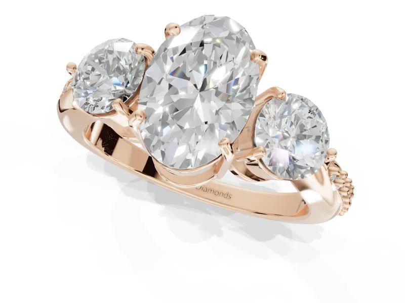 Oval Three Stone Engagement Ring Setting | Tapered Pave Band | Rose Gold
