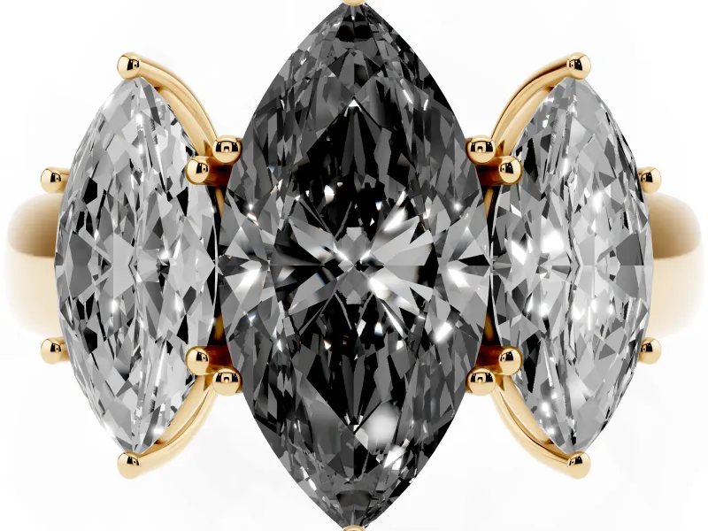 Fancy Black Three-Stone Marquise Cut Diamond Ring Set in Yellow gold with Matching Prong Settings and Plain Band