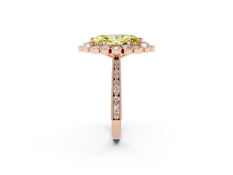 Fancy Yellow Marquise Cut Diamond Halo Milgrain Pavé Ring Set in Rose gold with Prong Setting