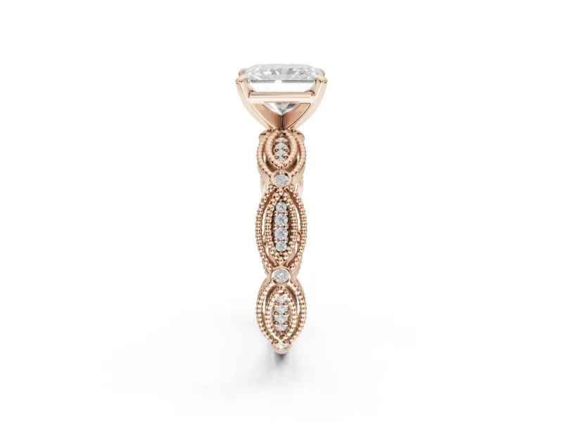 Radiant Cut Vintage Milgrain Engagement Ring Setting | Graduated Stations | Rose Gold