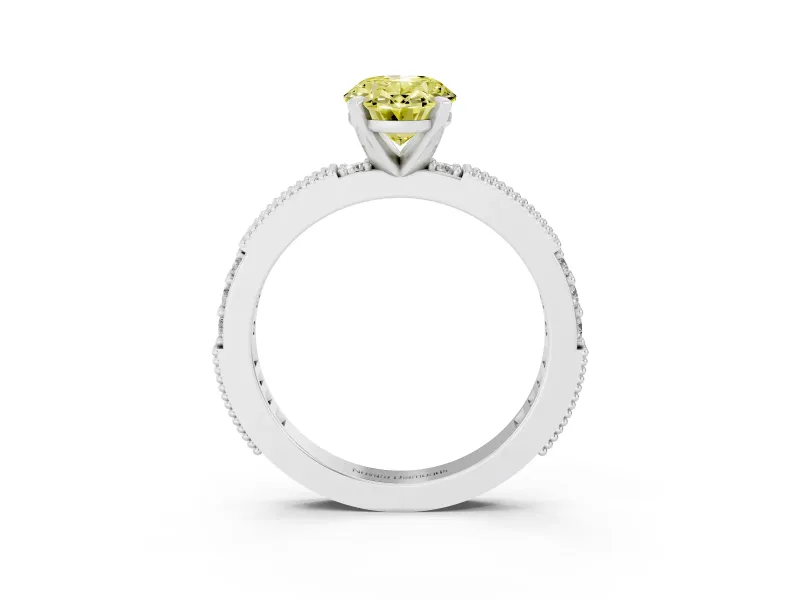 Fancy Yellow Oval Cut Diamond Solitaire Ring Set in Platinum with Slim Pavé Band and Prong Setting