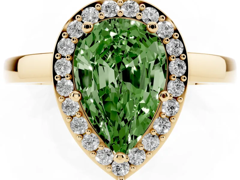 Pear-Shaped Thin Halo Engagement Ring Setting for a Fancy Green Lab-Grown Diamond | Slim Plain Band | Yellow Gold
