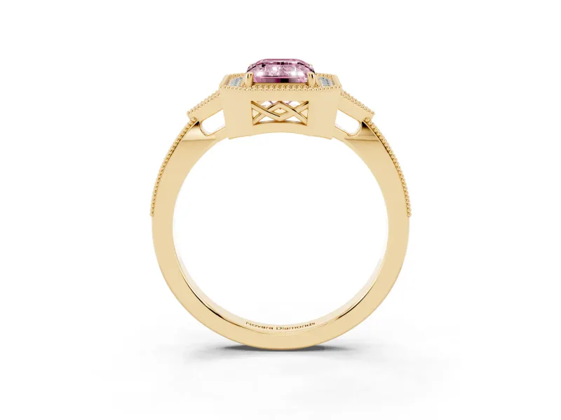 Emerald Cut Milgrain Halo Engagement Ring Setting for a Fancy Pink Lab-Grown Diamond | Graduated Pavé | Yellow Gold