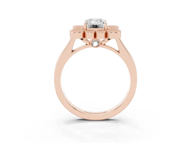 Emerald Cut Vintage Milgrain Bezel Cluster Halo Engagement Ring Setting | Plain Band | Rose Gold