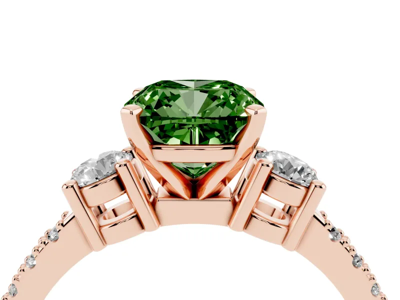 Fancy Green Three-Stone Cushion Cut Diamond Pavé Band Ring Set in Rose gold with Prong Setting