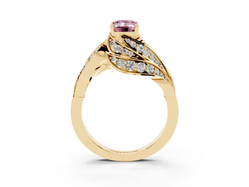 Emerald Cut Bypass Hidden Halo Engagement Ring Setting for a Fancy Pink Lab-Grown Diamond | Graduated Pavé | Yellow Gold