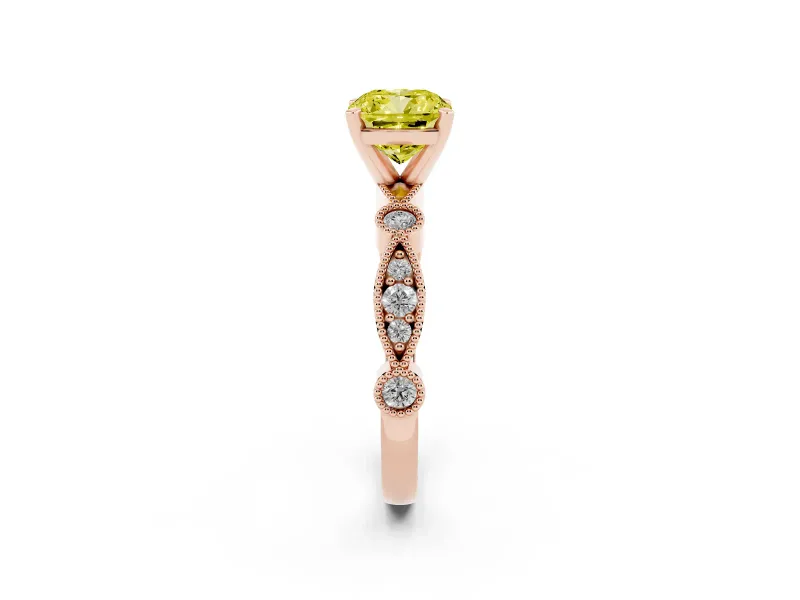 Fancy Yellow Cushion Cut Diamond Solitaire Engagement Ring Set in Rose gold with Milgrain Bezel Accent Band