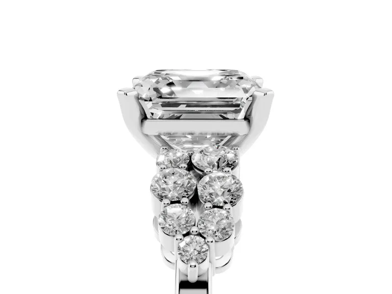 Asscher Cut Side Stone Engagement Ring Setting | Two-Row Shoulder Clusters | Platinum