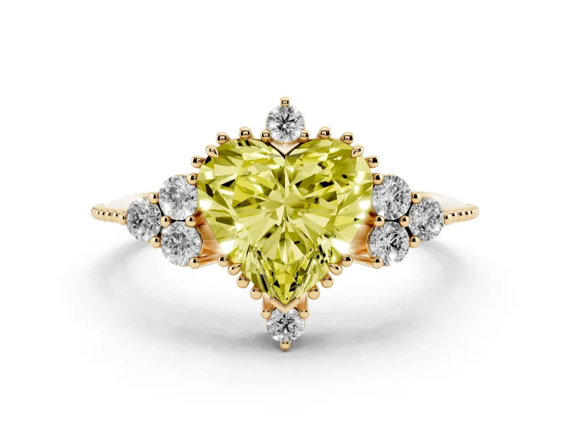 Fancy Yellow Heart Cut Diamond Cluster Ring Set in Yellow gold with Beaded Band
