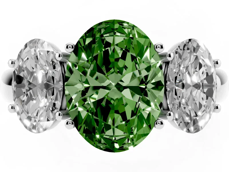 Fancy Green Oval Cut Diamond Three-Stone Ring Set in Platinum with Bold Center and Classic Band