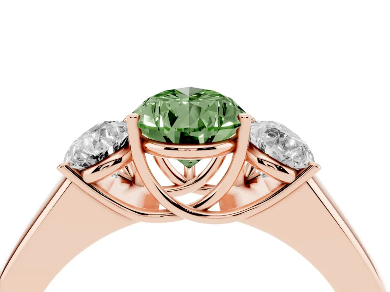 Fancy Green Three-Stone Pear Cut Diamond Ring Set in Rose gold with Matching Prong Settings and Plain Band